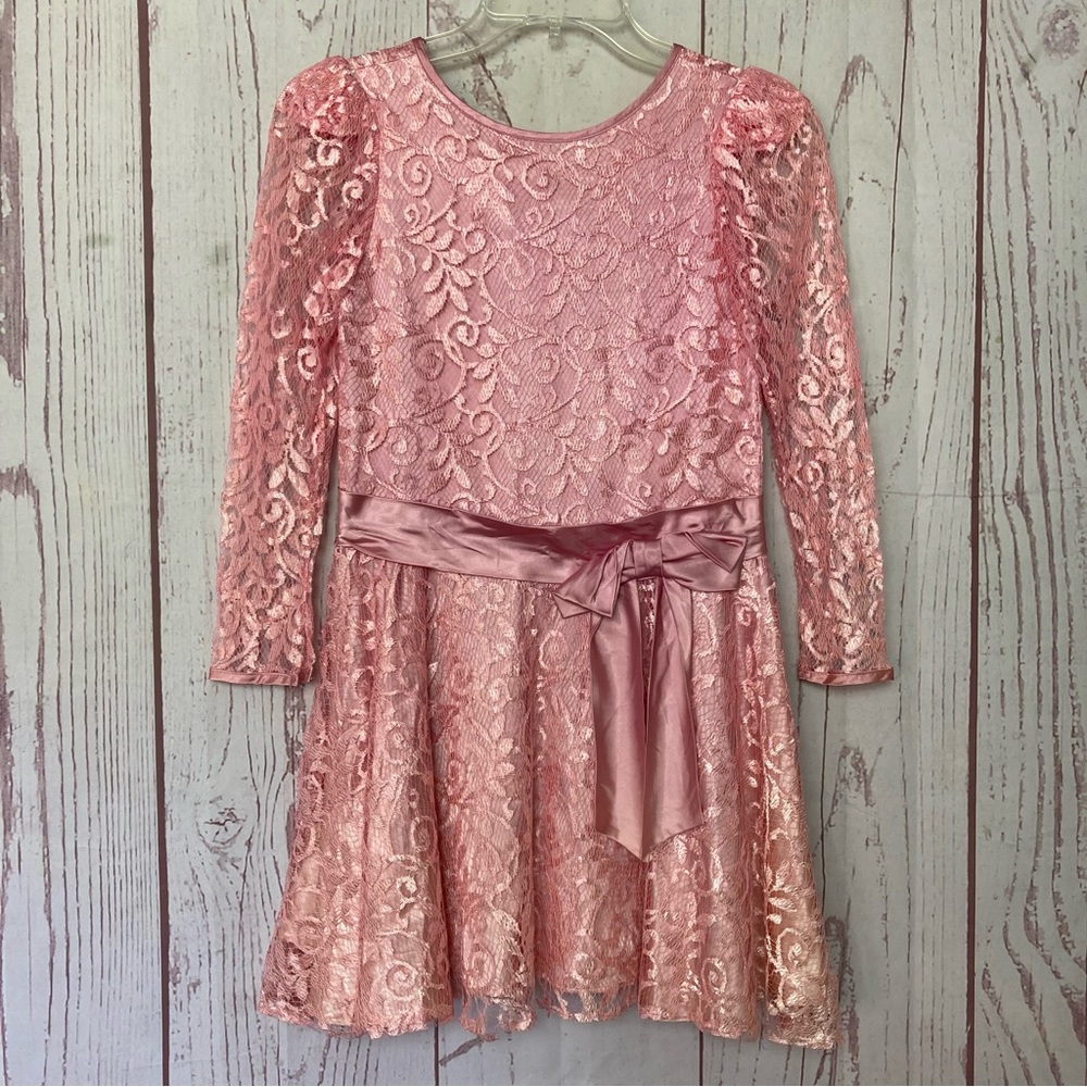 Vintage JCPenney Girls Dress Sz 7 Shiny Pink Satin Lace Long Sleeve USA Flaws - Picture 2 of 12